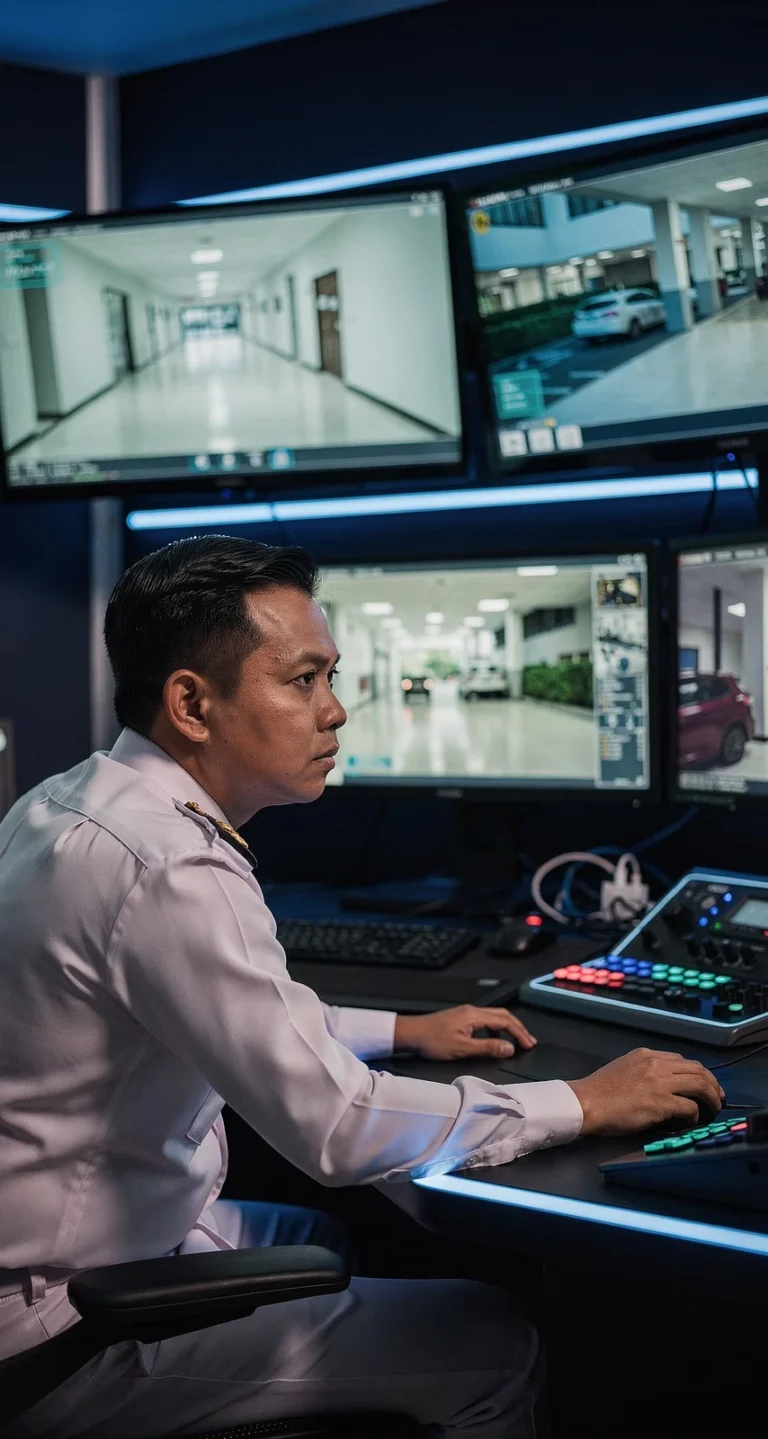 Security officer in uniform monitoring multiple CCTV screens in a control room, watching hallways and a parking area while operating a control panel.